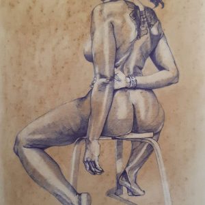 Nude sat on stool,back view,mounted on card