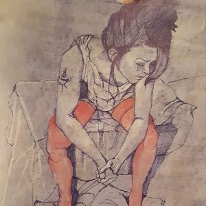 Girl seated,red stockings,orange feather
